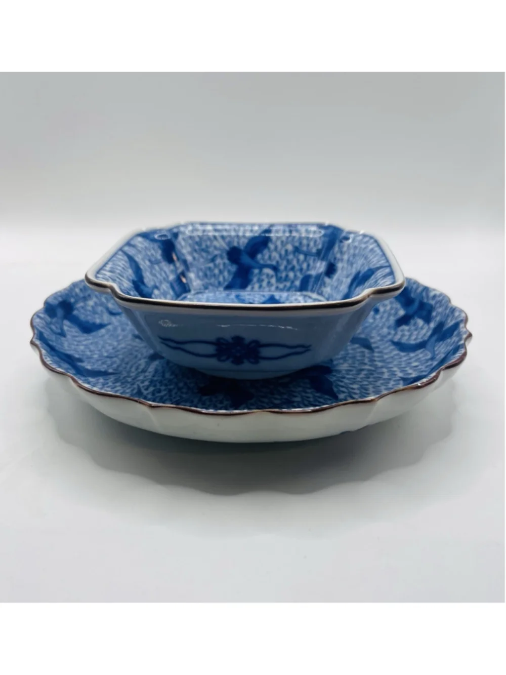 Vintage Fitz & Floyd Blue Stork Scalloped Plate & Trinket Dish Japan Birds 2pc